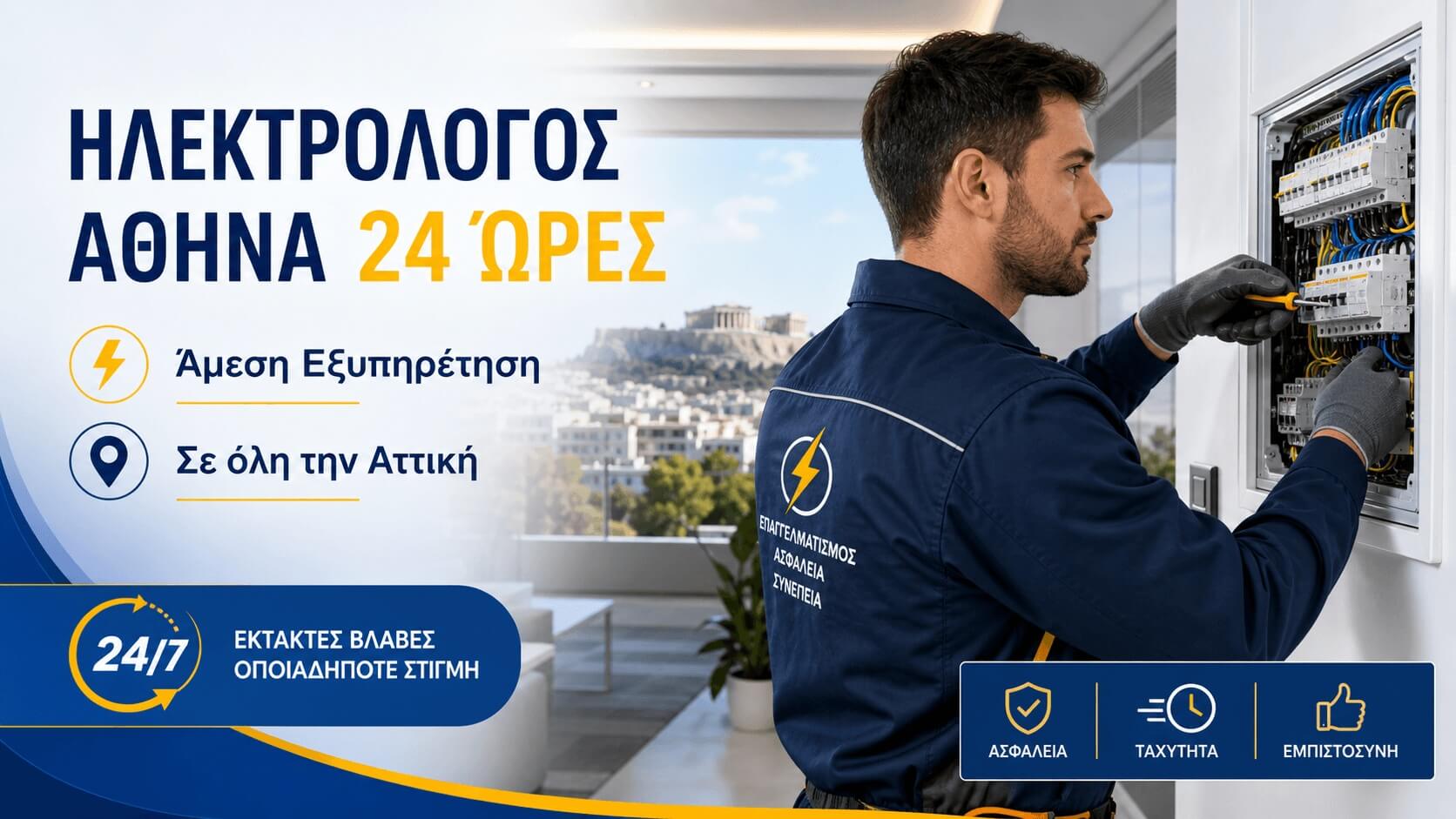 Ηλεκτρολόγος Αθήνα 24 ώρες για άμεση εξυπηρέτηση και έκτακτες ηλεκτρολογικές βλάβες στην Αττική